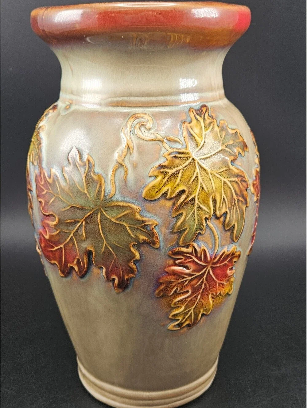 Vintage Ceramic Vase with Raised Autumn Leaves Design